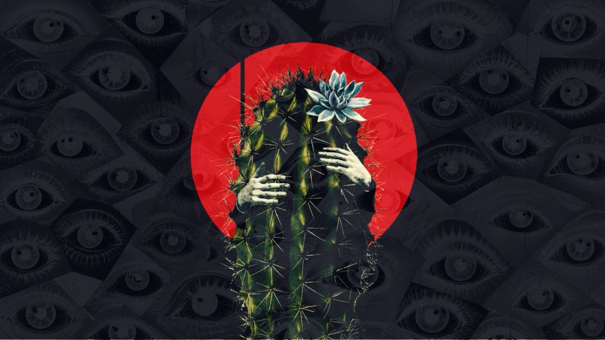 A figure made of cactus embraced by two pale hands, in front of a red circle, against a wallpaper of engraved eyes.