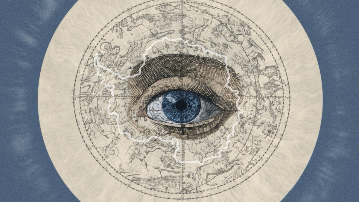 Edition 001 cover: an engraved eye set into an antique celestial chart with the outline of Antarctica drawn across it.