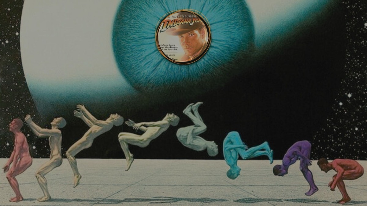 Las figuras de la marcha del progreso caminando hacia atrás y cayéndose, bajo un ojo azul enorme con un afiche de cine en la pupila.