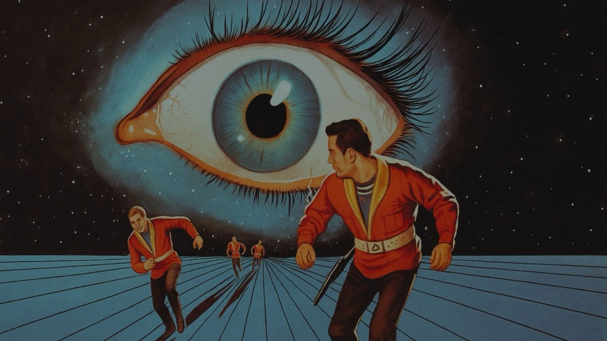 Un ojo enorme pintado en un campo de estrellas, sobre cuatro hombres de uniforme rojo que corren por una grilla azul.