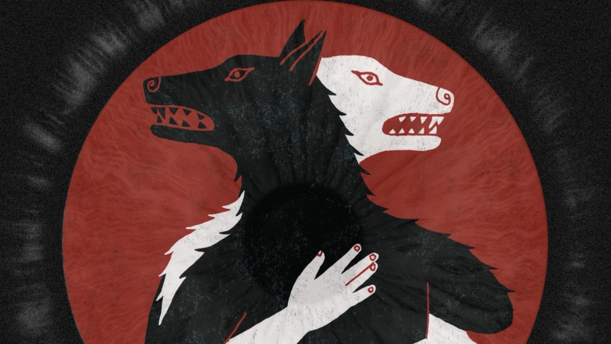 Portrait plate for Martina H: a two-headed wolf, one head black and one white, on a red circle.