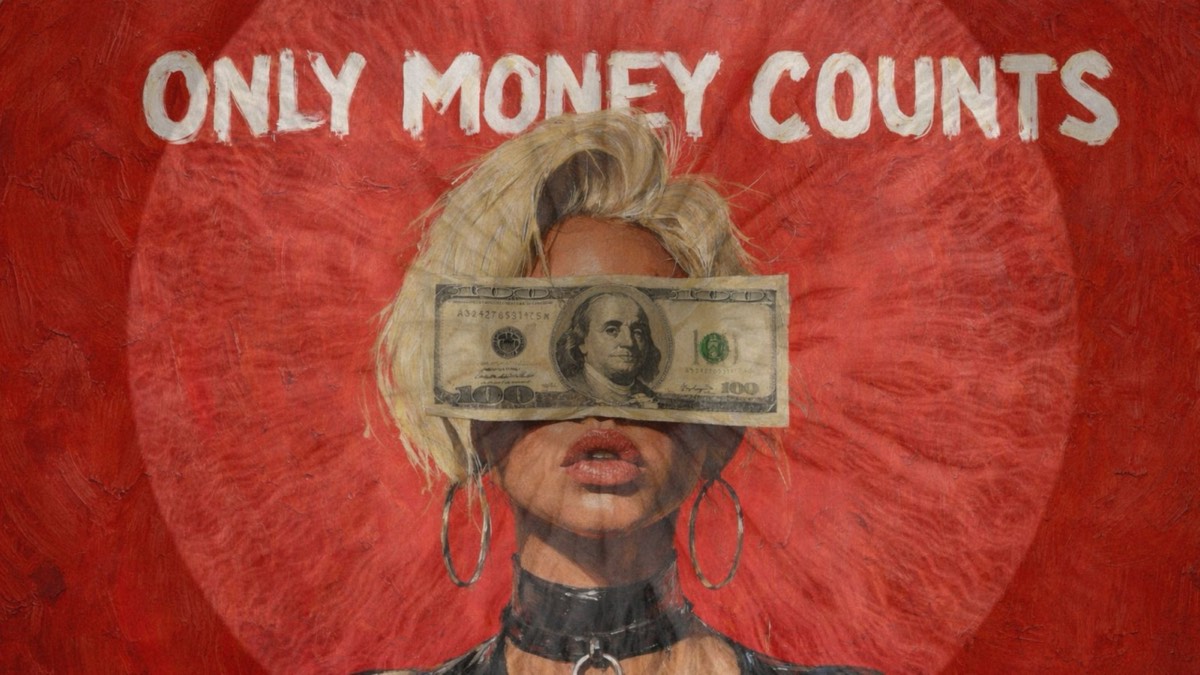 A painted portrait with a hundred-dollar bill across the eyes, on a red target ground, under the words ONLY MONEY COUNTS.