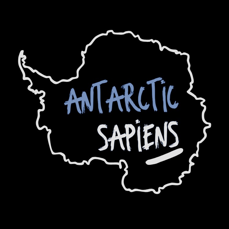 The Antarctic Sapiens seal: the outline of the continent with the wordmark brushed across it.